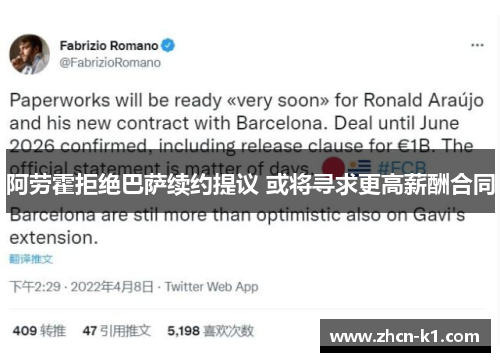 阿劳霍拒绝巴萨续约提议 或将寻求更高薪酬合同